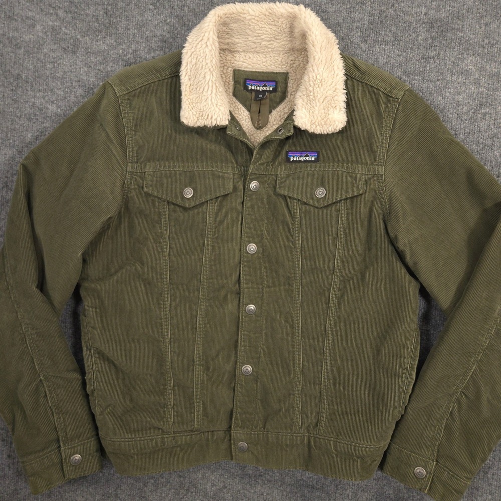 Patagonia Pile Lined Trucker Jacket Mens‎ XS Basin Green Corduroy Front Button